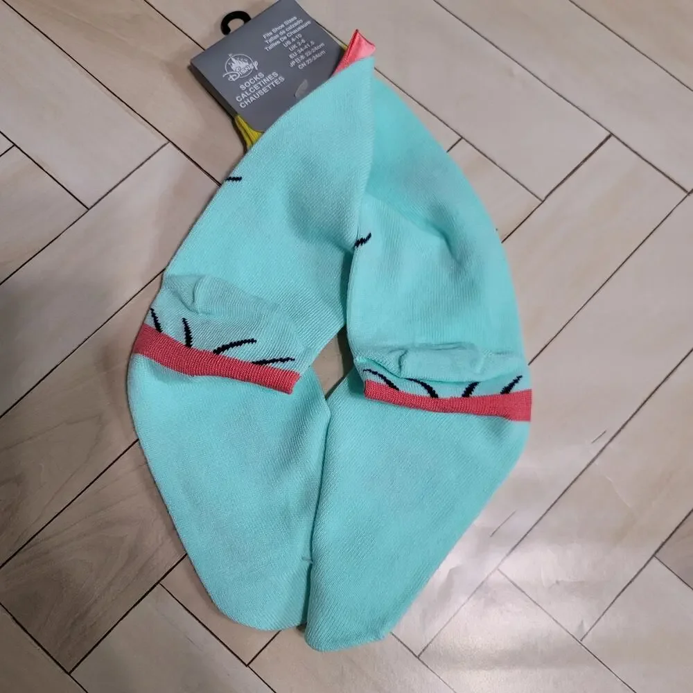 Disney Park Lilo & Stitch Scrump Aqua Green Yellow Socks with Pink Bow